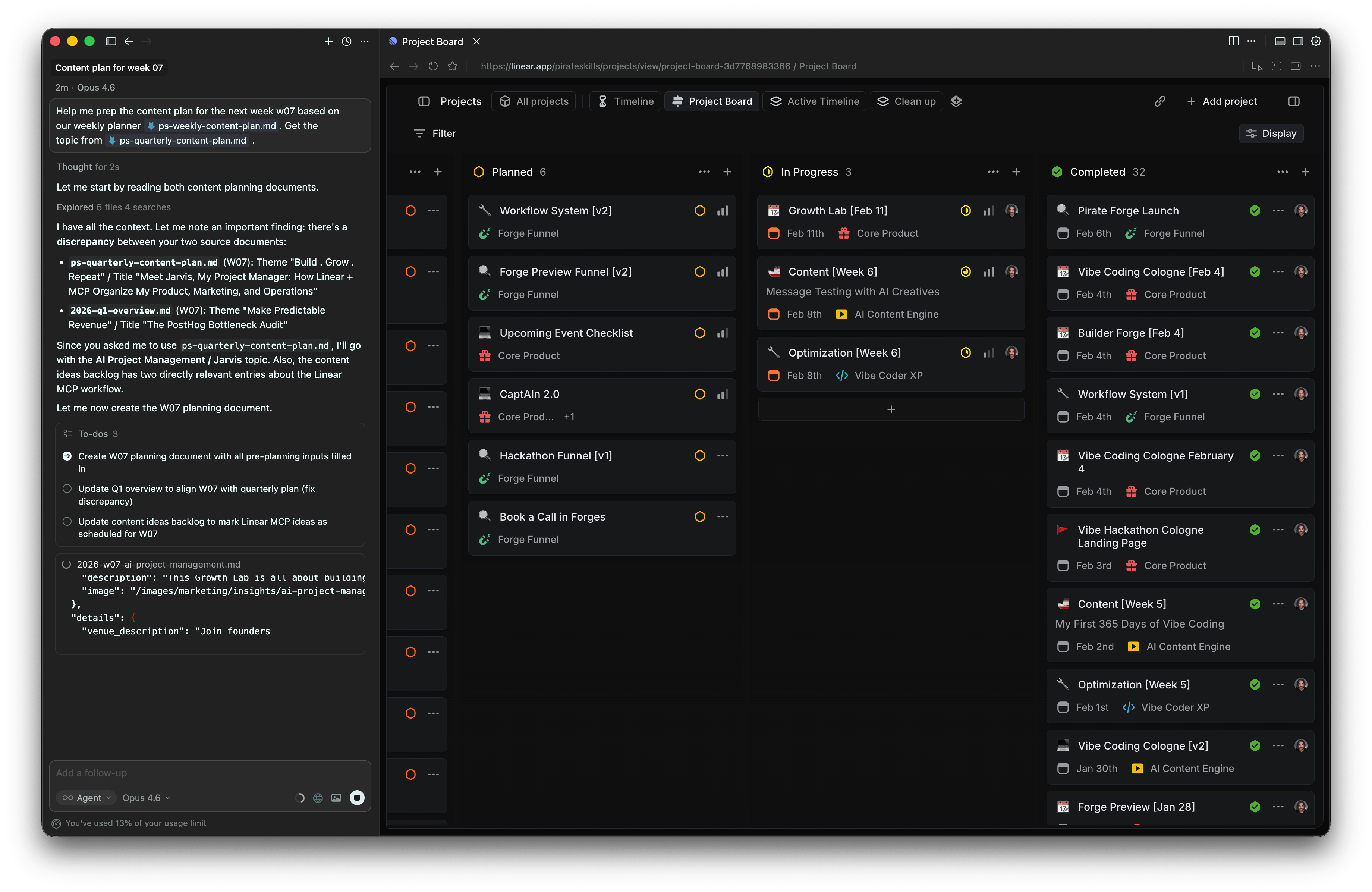 The Pirate Skills Linear project board — Planned, In Progress, and Completed columns showing real projects managed through AI conversation